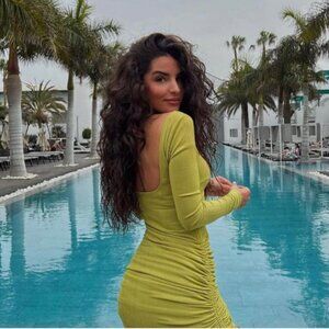 NEW Camila Coelho Tiara Ruched Rib Knit Long Sleeve Mini Dress Yellow Green XS